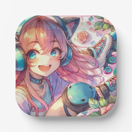 かわいらしローラースケートのアニメ女子バースデーパーティー ペーパープレート (正面)