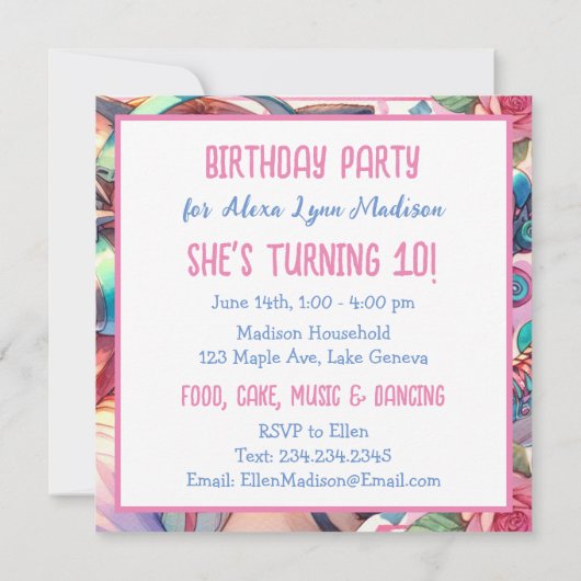 かわいらしローラースケートのアニメ女子バースデーパーティー 招待状 (裏面)