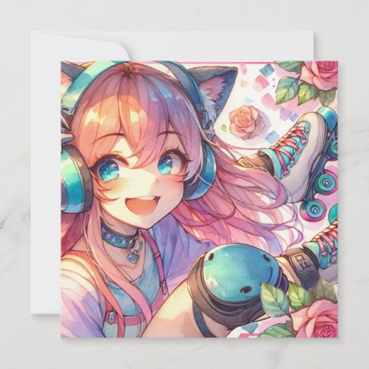 かわいらしローラースケートのアニメ女子バースデーパーティー 招待状 (正面)