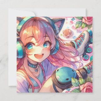 かわいらしローラースケートのアニメ女子バースデーパーティー 招待状