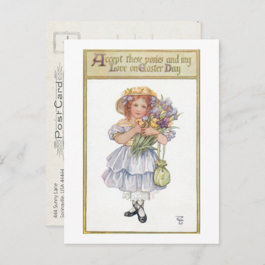 かわいらしヴィンテージの女の子と復活祭の花 ポストカード (正面/裏面)