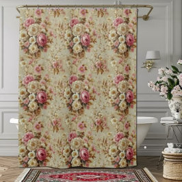 かわいらしヴィンテージエレガントピンク白バラ シャワーカーテン