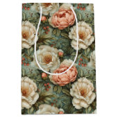 かわいらしヴィンテージエレガントホワイトとピーチフローラ ミディアムペーパーバッグ (正面)