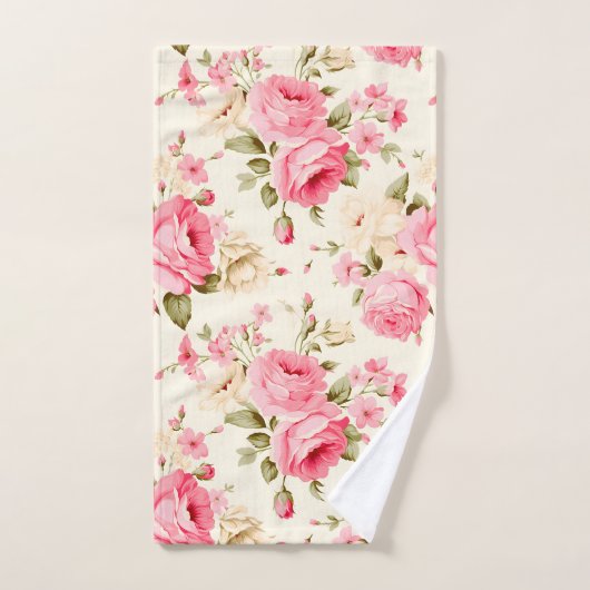 かわいらしヴィンテージクエレガントリーム赤面ピンクローズ バスタオルセット (ハンドタオル)