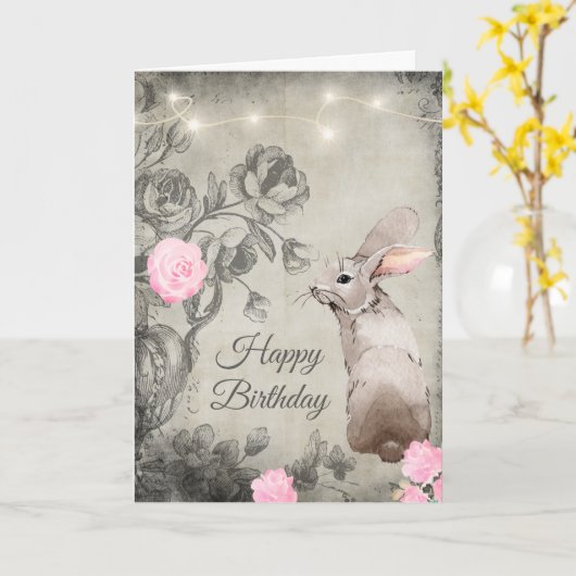かわいらしヴィンテージスタイルバラとウサギ誕生日 カード (黄色い花)