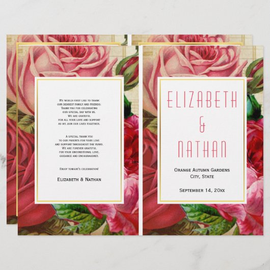 かわいらしヴィンテージピンクのバラ折り畳み式結婚式 (正面/裏面)