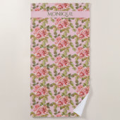 かわいらしヴィンテージピンクローズパーソナライズされたビーチトウ ビーチタオル (正面)