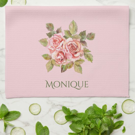 かわいらしヴィンテージピンクローズパーソナライズされた キッチンタオル (折り畳み)