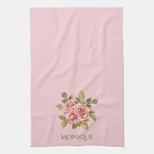 かわいらしヴィンテージピンクローズパーソナライズされた キッチンタオル (縦)