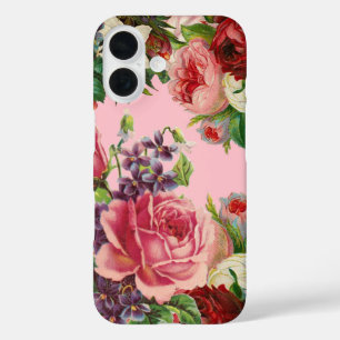かわいらしヴィンテージピンク赤紫色の花 iPhone 16ケース