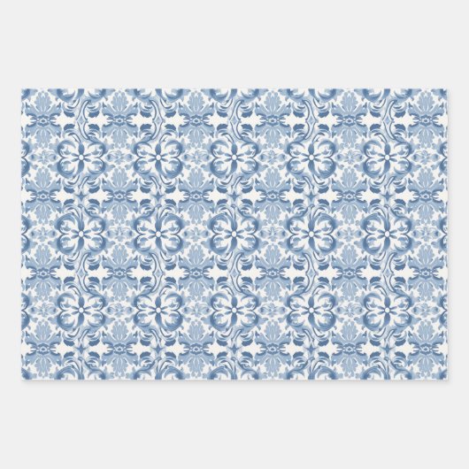 かわいらしヴィンテージフランスの花模様（青と白） ラッピングペーパーシート (正面2)