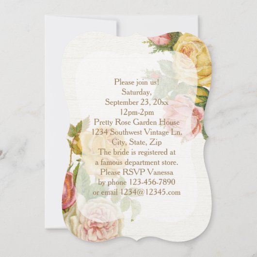 かわいらしヴィンテージフローラバラホワイトウォッシュブライダルシャワー 招待状 (裏面)