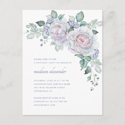 かわいらしヴィンテージルックフローラ誕生日パーティー インビテーションポストカード (正面)