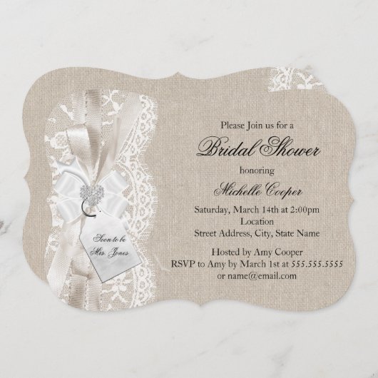 かわいらしヴィンテージレース&バーラップブライダルシャワー 招待状 (正面/裏面)