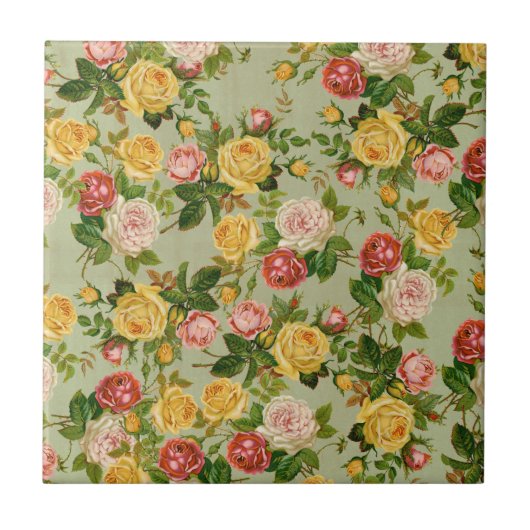 かわいらしヴィンテージ国フローラガーリーバラパターン タイル (正面)
