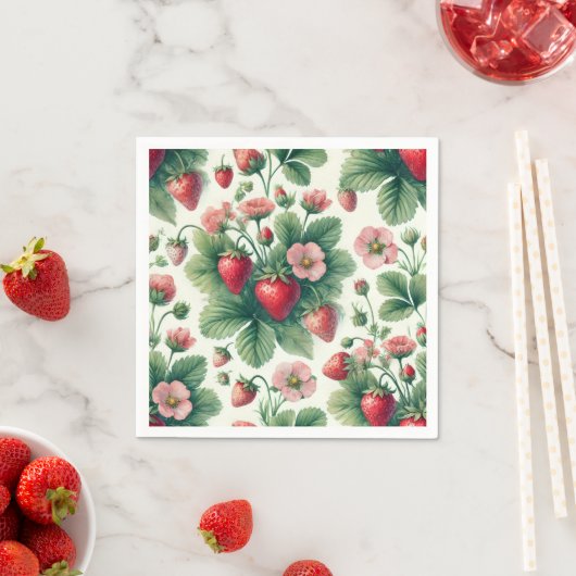 かわいらしヴィンテージ水彩夏イチゴ スタンダードカクテルナプキン (インサイチュ)
