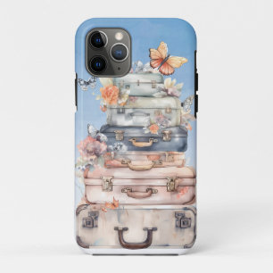 かわいらしヴィンテージ水色スーツケーススタックフローラ iPhone 11 PROケース