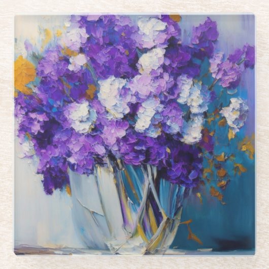 かわいらしヴィンテージ紫の花 ガラスコースター (正面)