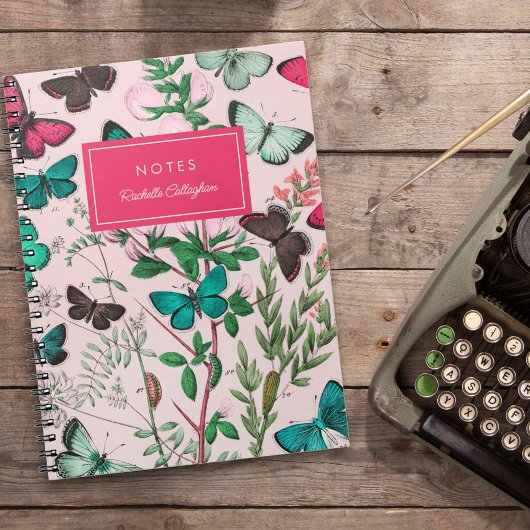 かわいらしヴィンテージ蝶ピンクティール（緑がかった色）名 ノートブック