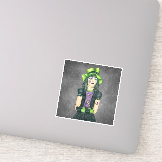 かわいらし不気味ハロウィーンガールグリーンハットタトゥーグレー シール (詳細)