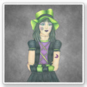 かわいらし不気味ハロウィーンガールグリーンハットタトゥーグレー シール (正面)