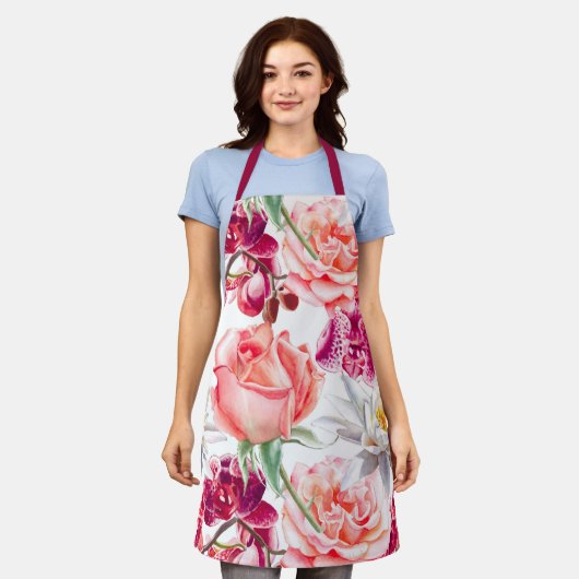 かわいらし及びカラフルフローラプリント エプロン (着用した状態)