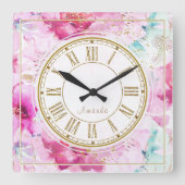 かわいらし名前をカスタムするフローラピンク金ゴールドホワイト スクエア壁時計 (正面)