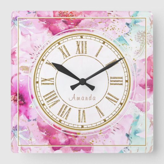 かわいらし名前をカスタムするフローラピンク金ゴールドホワイト スクエア壁時計 (正面)