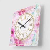 かわいらし名前をカスタムするフローラピンク金ゴールドホワイト スクエア壁時計 (傾斜)
