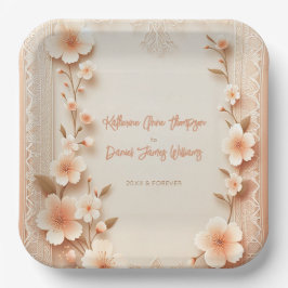 かわいらし咲くロマンチックなレース結婚ピーチ ペーパープレート
