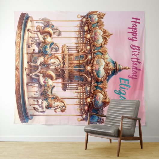 かわいらし回転木馬ホース誕生日ぶら下がったズ タペストリー (インサイチュ(横))