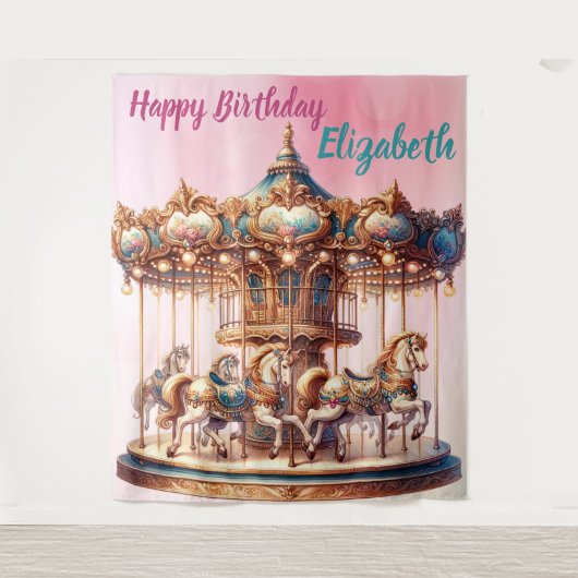 かわいらし回転木馬ホース誕生日ぶら下がったズ タペストリー (正面)