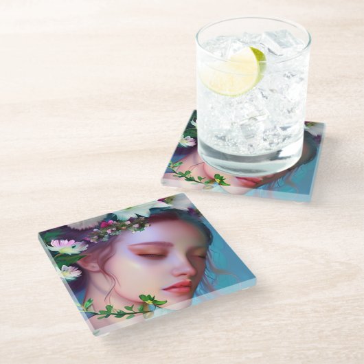 かわいらし妖精の花と髪のファンタジー ガラスコースター (アングル)