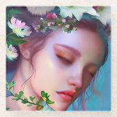かわいらし妖精の花と髪のファンタジー ガラスコースター (正面)