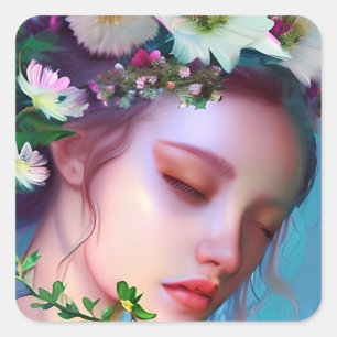 かわいらし妖精の花と髪のファンタジー スクエアシール