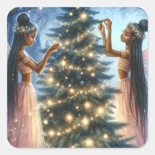 かわいらし妖精飾のクリスマスツリー スクエアシール (正面)