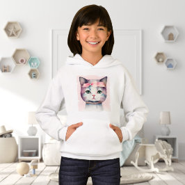 かわいらし子猫付きピンクボウフード付きスウェットシャツ