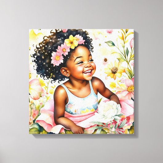 かわいらし小さな女の子インピンク花水彩画 キャンバスプリント (正面)
