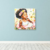 かわいらし小さな女の子インピンク花水彩画 キャンバスプリント (インサイチュ (ウッドフロア))