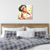 かわいらし小さな女の子インピンク花水彩画 キャンバスプリント (インサイチュ (寝室))