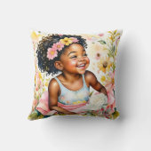 かわいらし小さな女の子インピンク花水彩画 クッション (裏面)