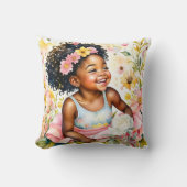 かわいらし小さな女の子インピンク花水彩画 クッション (正面)