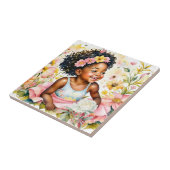 かわいらし小さな女の子インピンク花水彩画 タイル (側面)