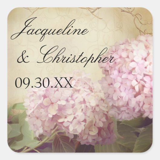 かわいらし披露宴の好意シール赤面ピンクアジサイ スクエアシール (正面)