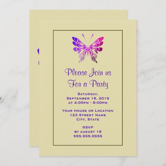 かわいらし数々の色ファンシー蝶パーティー 招待状 (正面/裏面)