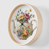 かわいらし春の花のエレガントティーポット 壁時計 (傾斜)
