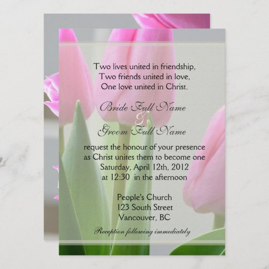かわいらし春ピンクのチューリップ花クリスチャン結婚ズ 招待状 (正面/裏面)