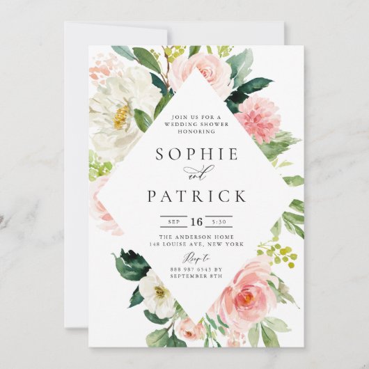 かわいらし春フローラフレームウェディングシャワー 招待状 (正面)