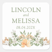 かわいらし桃と白のフローラ結婚ズ スクエアシール (正面)