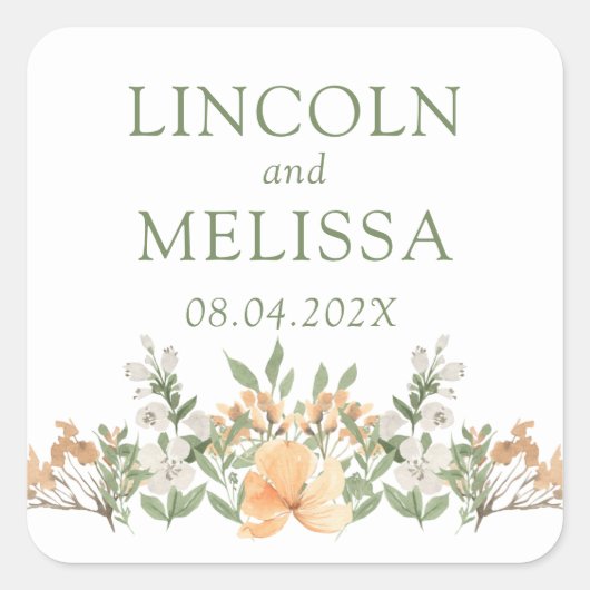 かわいらし桃と白のフローラ結婚ズ スクエアシール (正面)